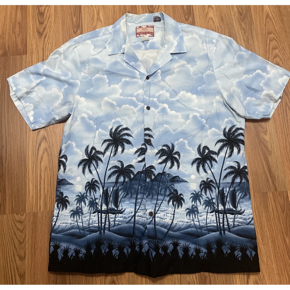 RJC Hawaiian Shirt Mens Extra Large Surf Shack Double‎ Sided Made In Hawaii Blue